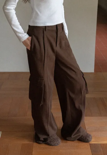 Women Brown Wide-Leg Cargo Pants with Pockets