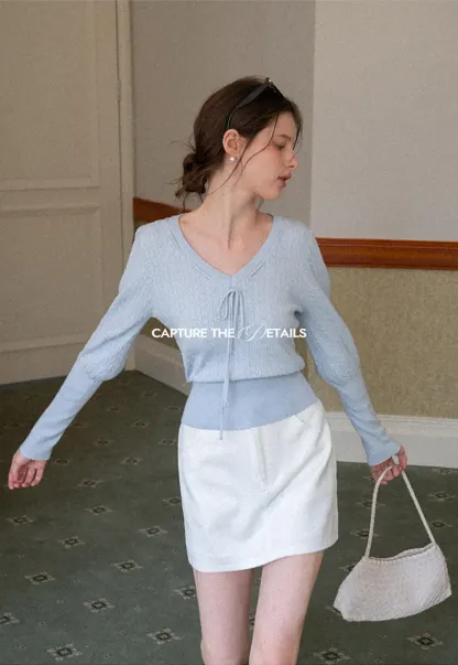 V Neck Knit Sweater with Front Tie Detail