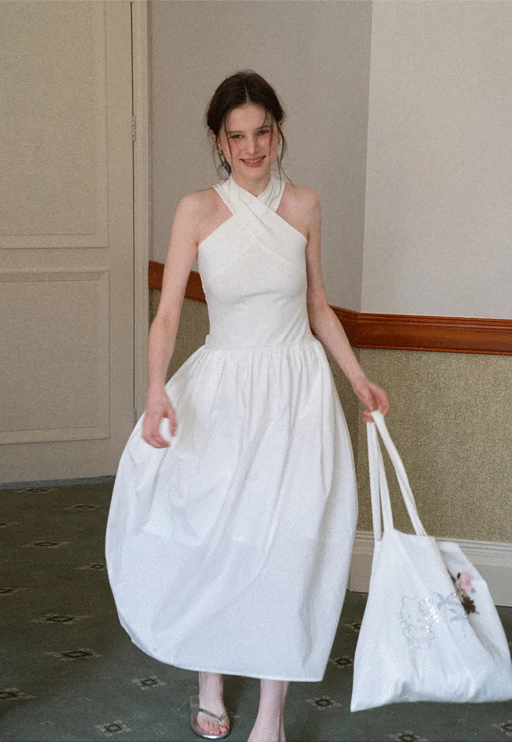 Halter Neck A Line Midi Dress with Pleated Skirt