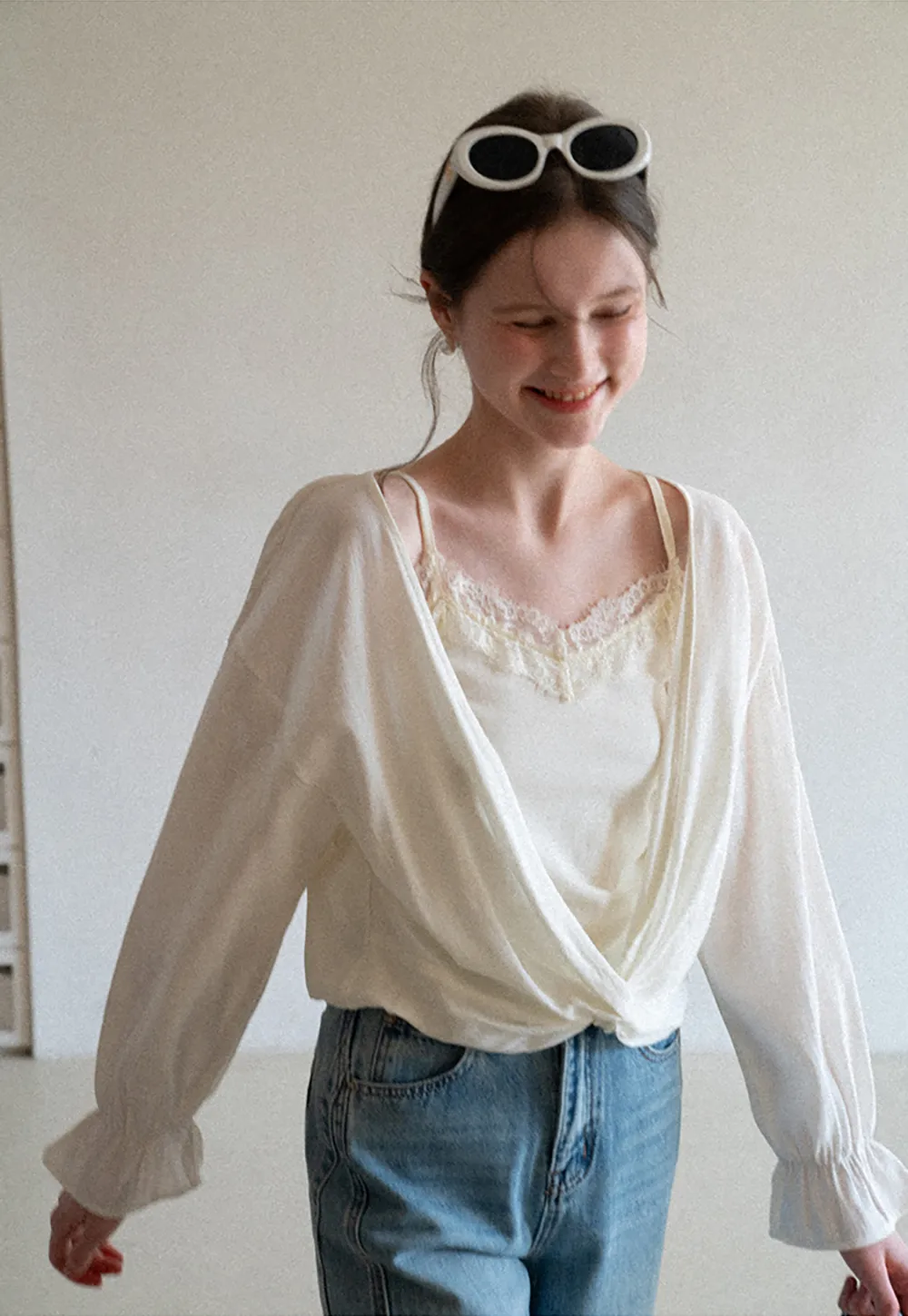 Lace Trimmed V Neck Long Sleeve Wrap Shirt