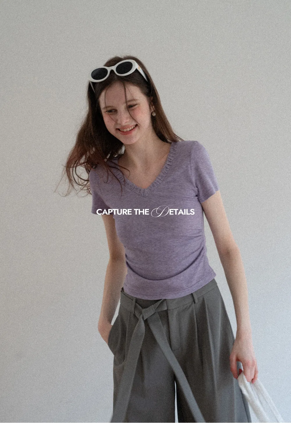 V neck short sleeve t shirt with ruffled trim