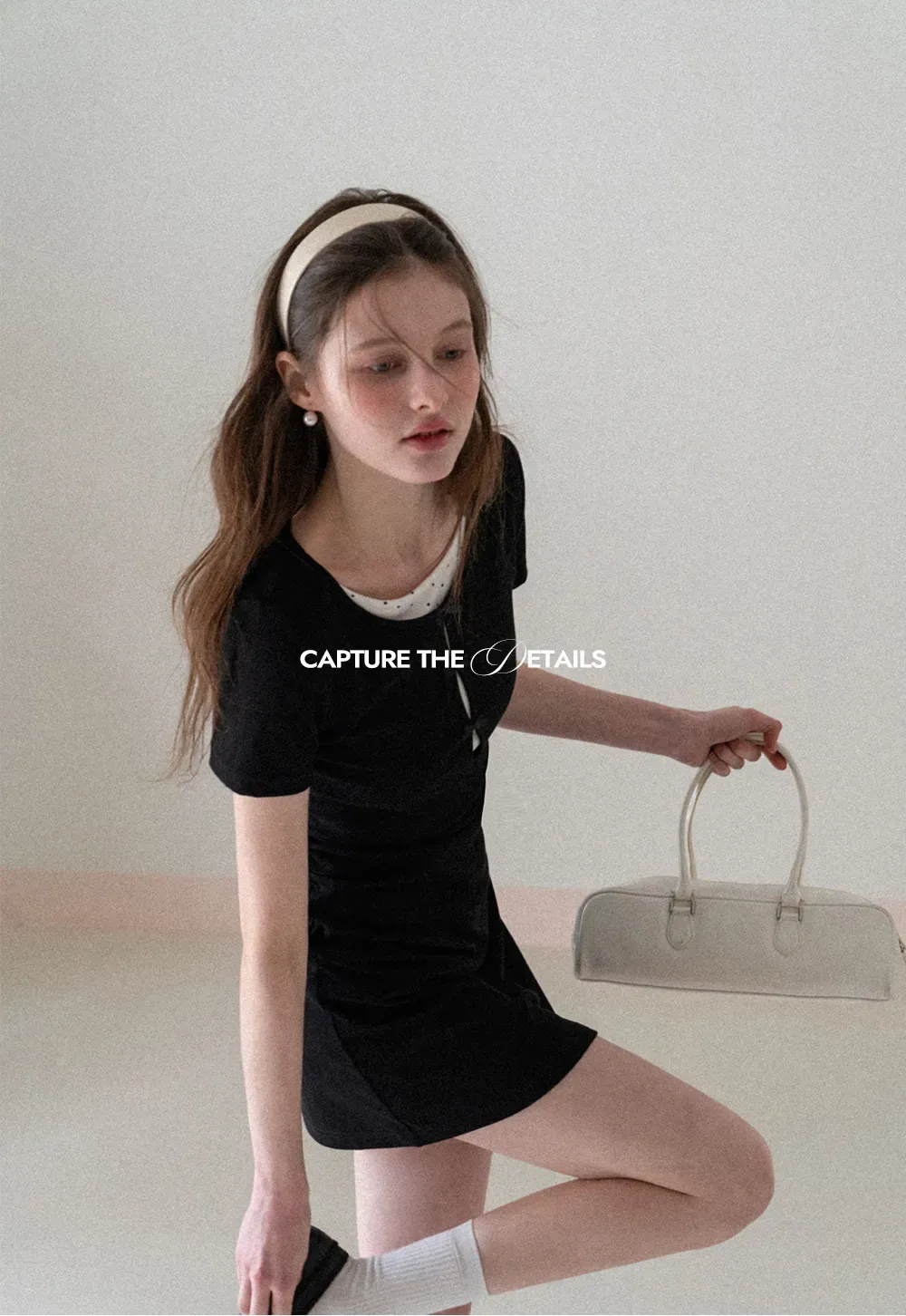 Short Sleeve Dress with Polka Dot Collar and Front Knot Detail