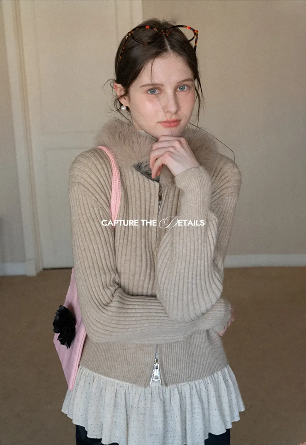 Ribbed knit sweater with fur collar detail