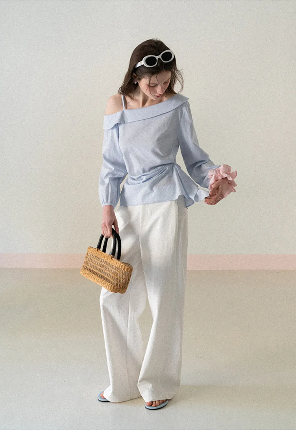 Off Shoulder Shirt with Ruched Sleeve Detail