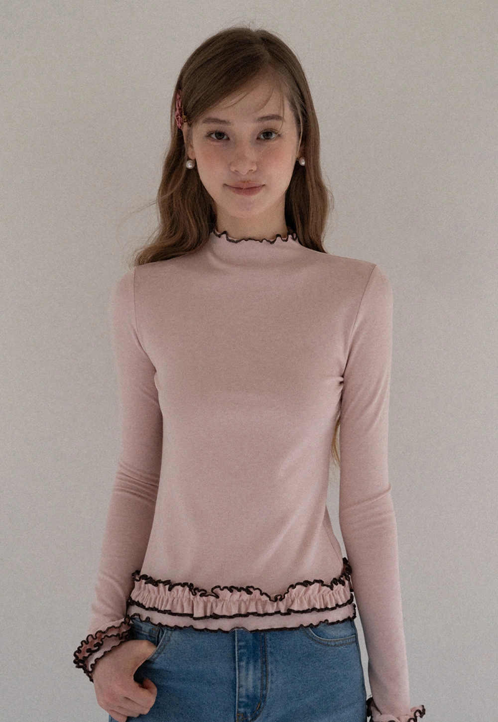 Ruffle Trim Mock Neck Long Sleeve Top