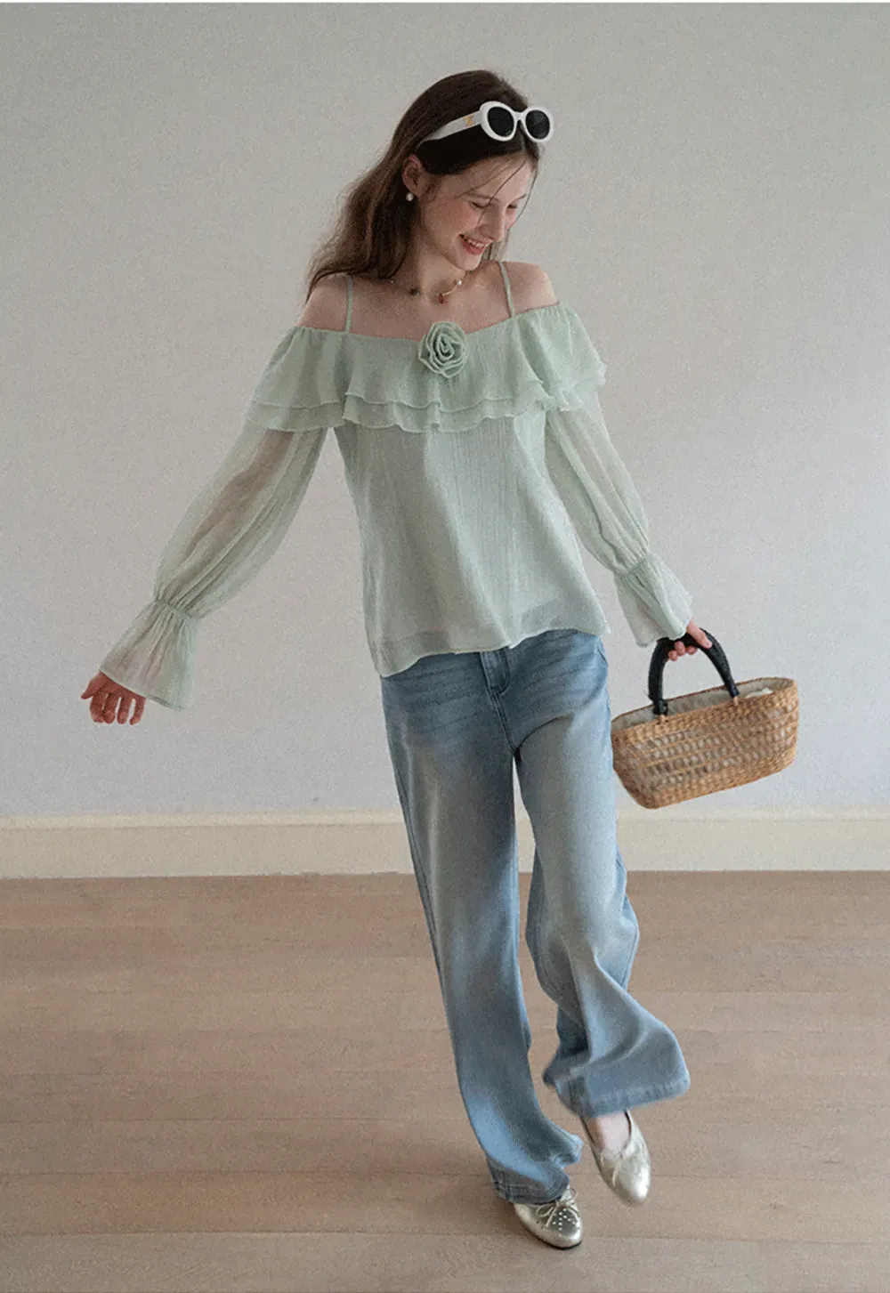 Off Shoulder Blouse with Ruffled Layers and Floral Embellishment