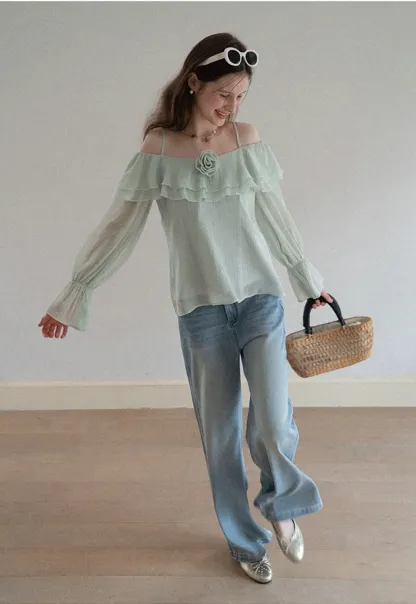 Off Shoulder Blouse with Ruffled Layers and Floral Embellishment