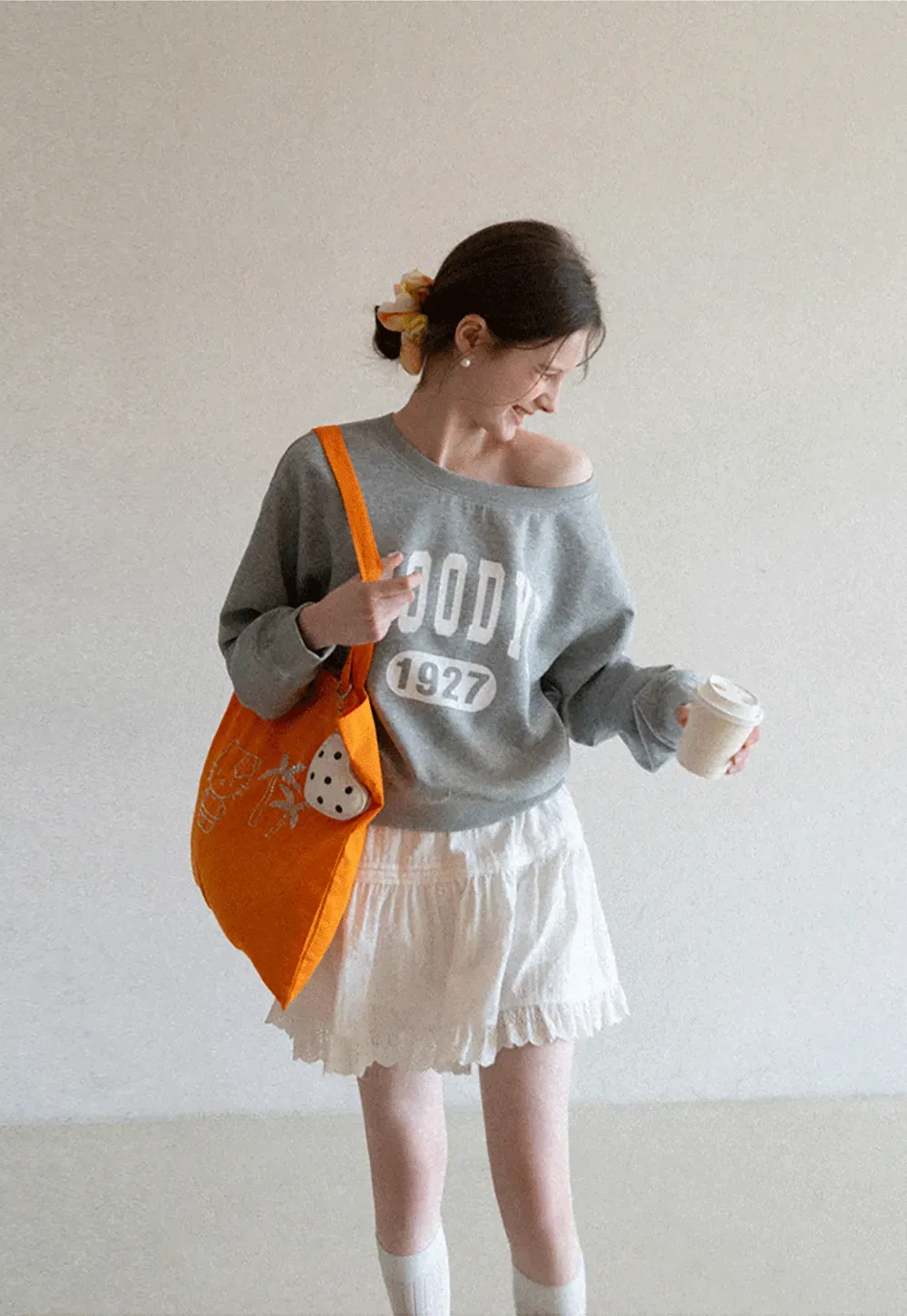 Gray Off Shoulder Sweatshirt with Bold Lettering and Year Print