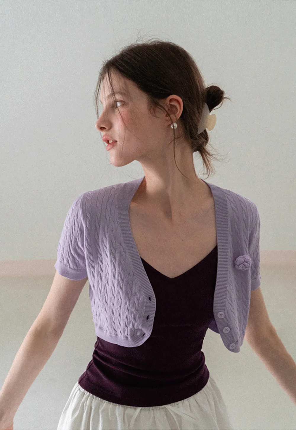 Short Sleeve Cable Knit Cardigan with Button Closure