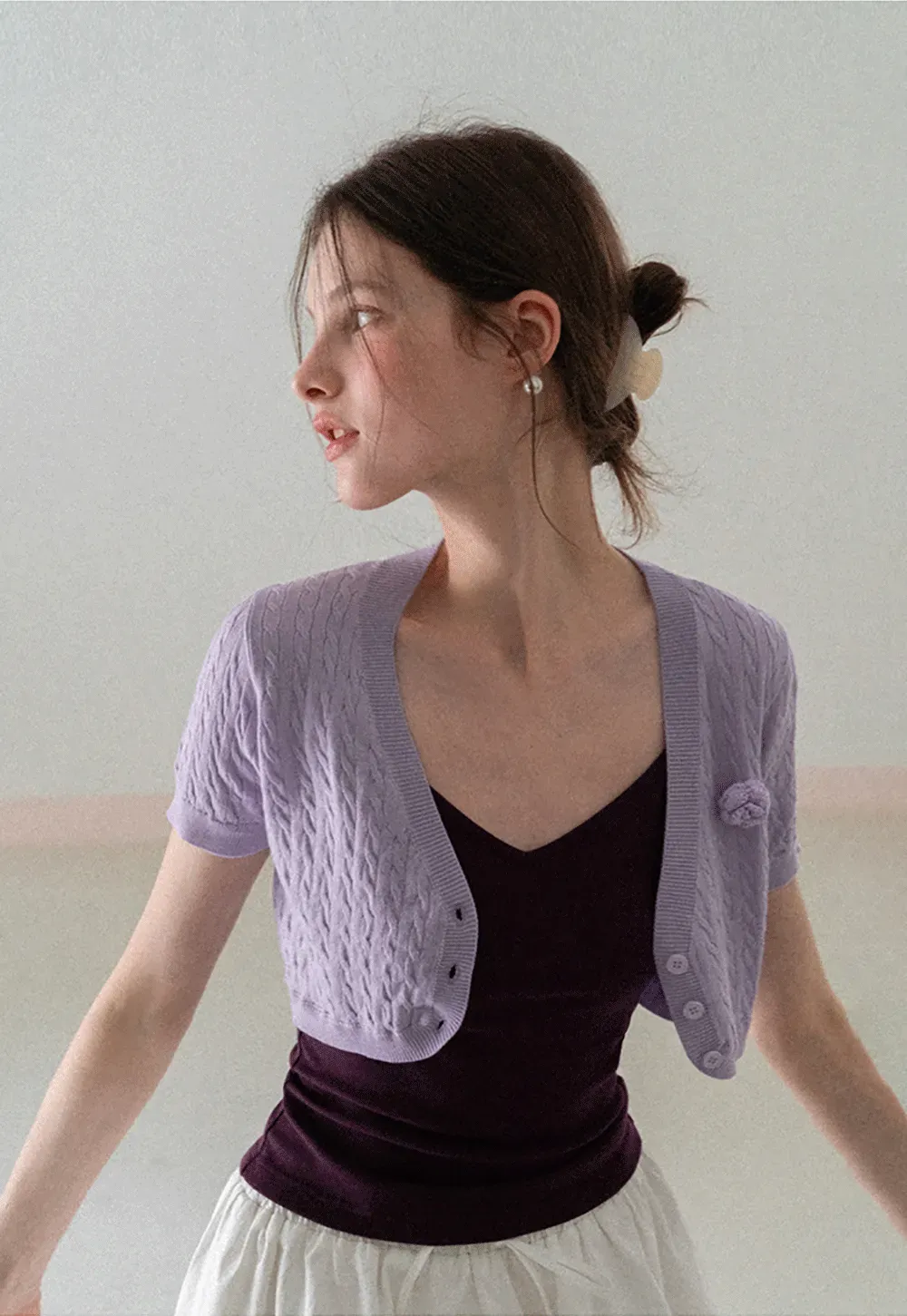 Short Sleeve Cable Knit Cardigan with Button Closure