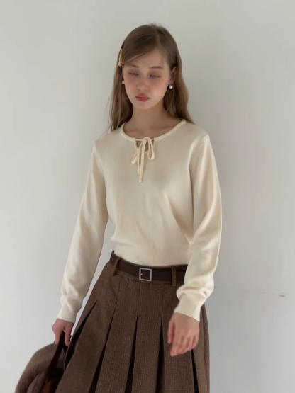 Women Sweet Style Bow Tie Long Sleeve Knitwear