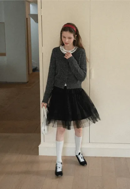 Elegant Woolen Knit Sweater with Embellished Neckline and Long Sleeves