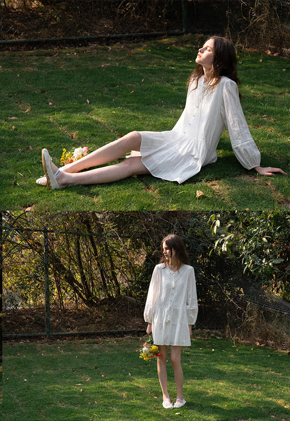 V neck long sleeve tiered dress with lace trim