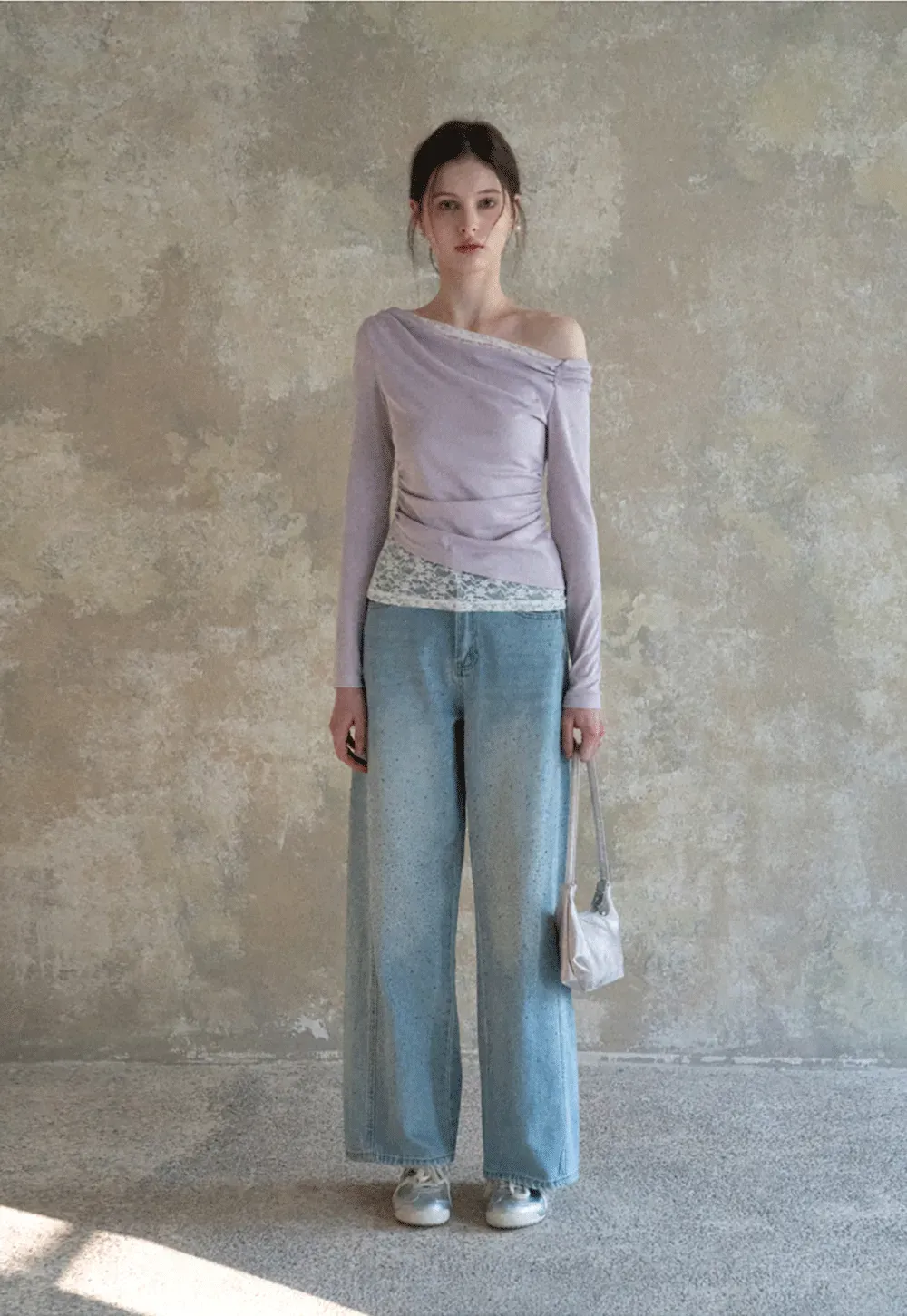 Off shoulder long sleeve top with lace trim