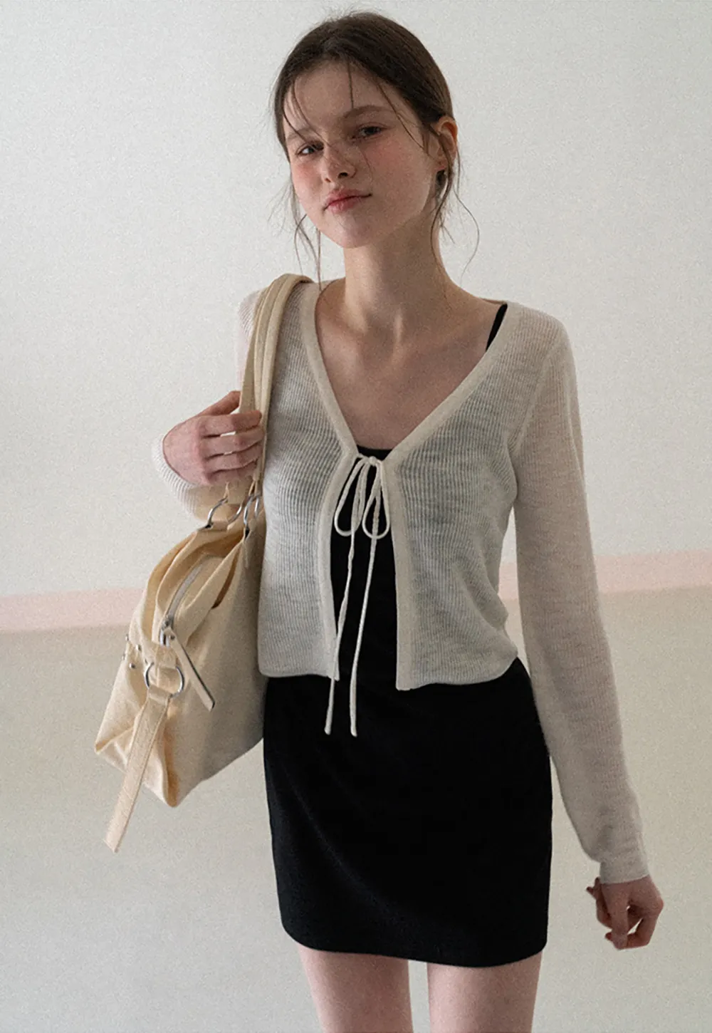V Neck Long Sleeve Knit Cardigan with Front Tie