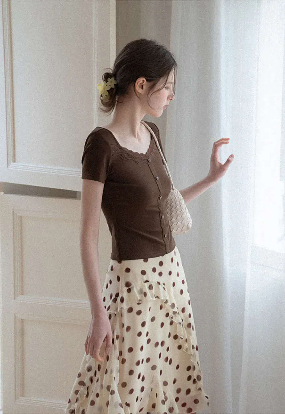 Short Sleeve Button Front Top with Lace Trim