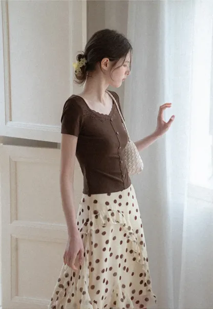 Short Sleeve Button Front Top with Lace Trim