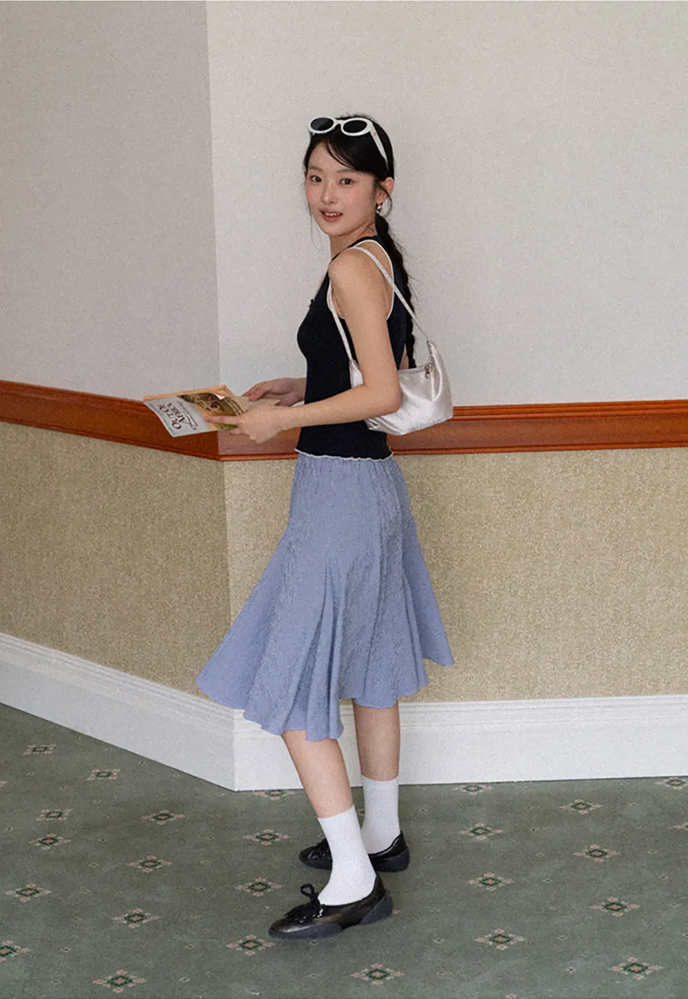 Gingham Pleated Flared Skirt