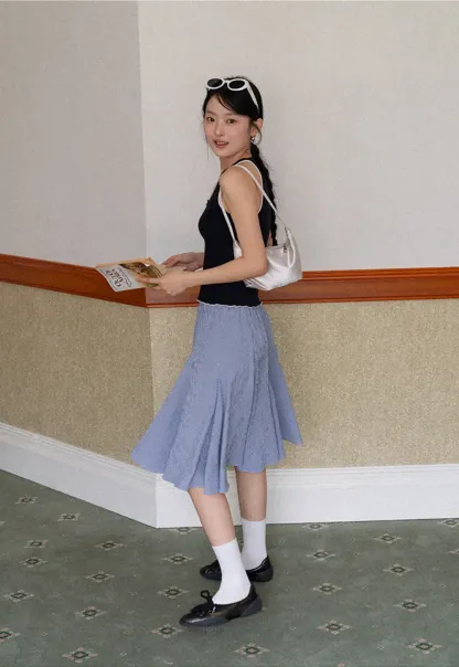 Gingham Pleated Flared Skirt