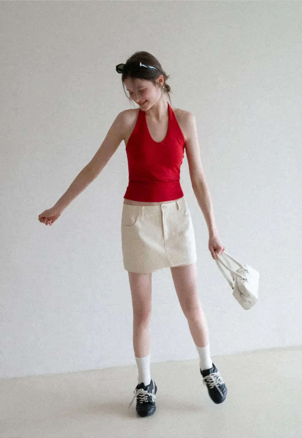 V neck halter tank top with fitted silhouette