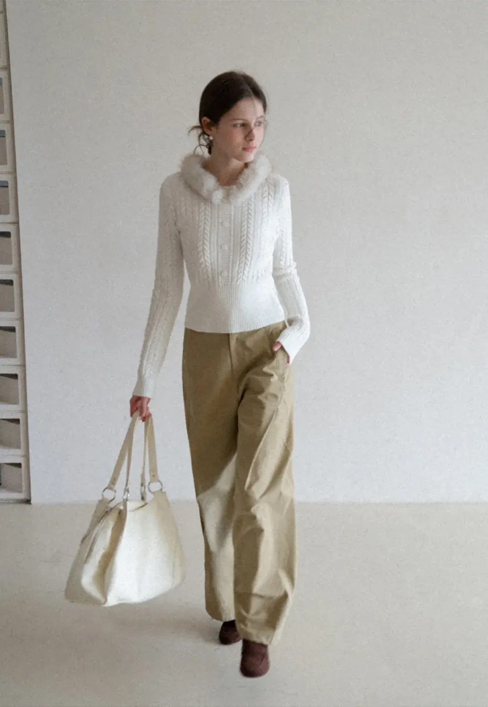 Cable Knit Sweater with Fur Collar Design