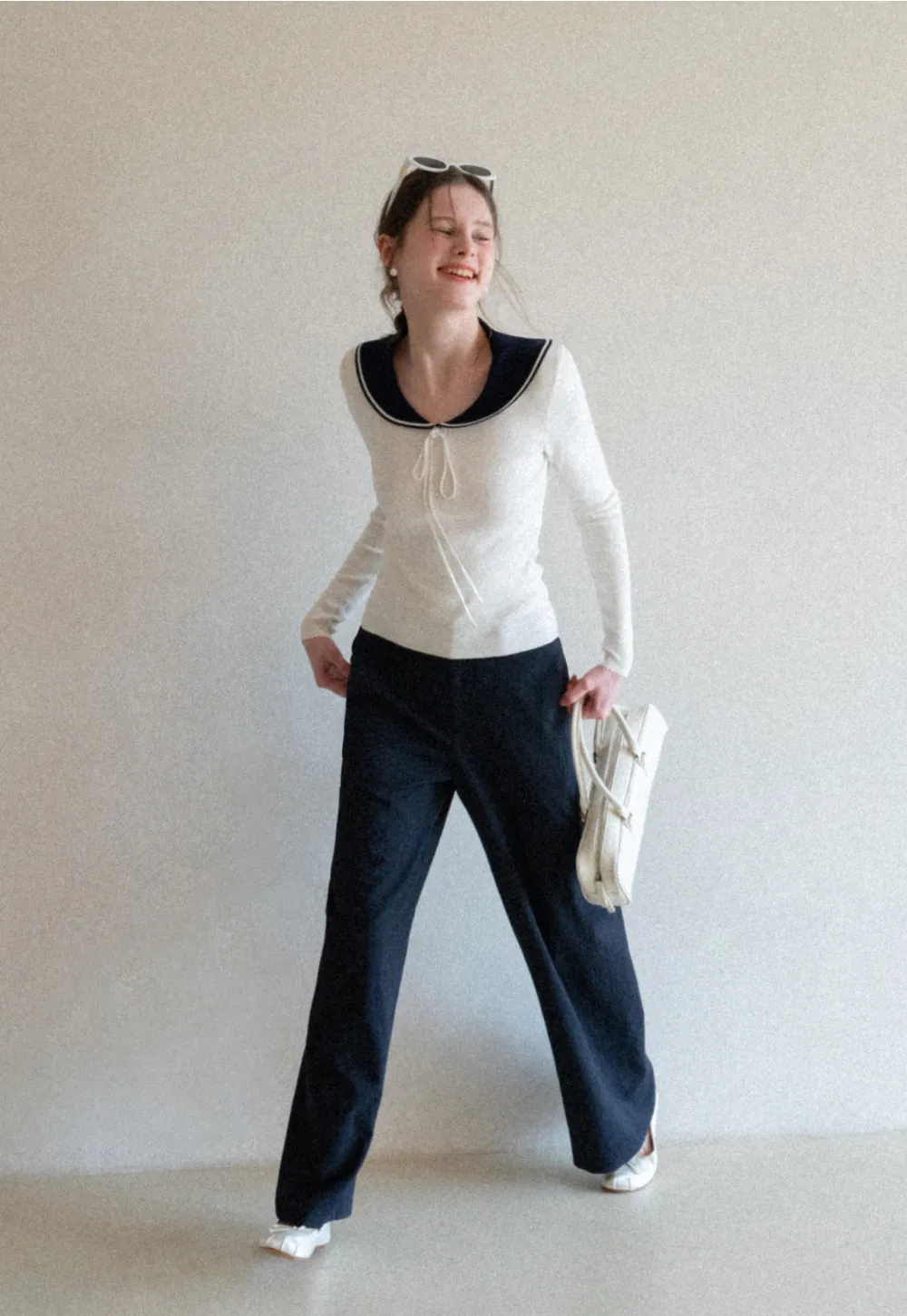 Knit Sweater with Collar and Tie Detail