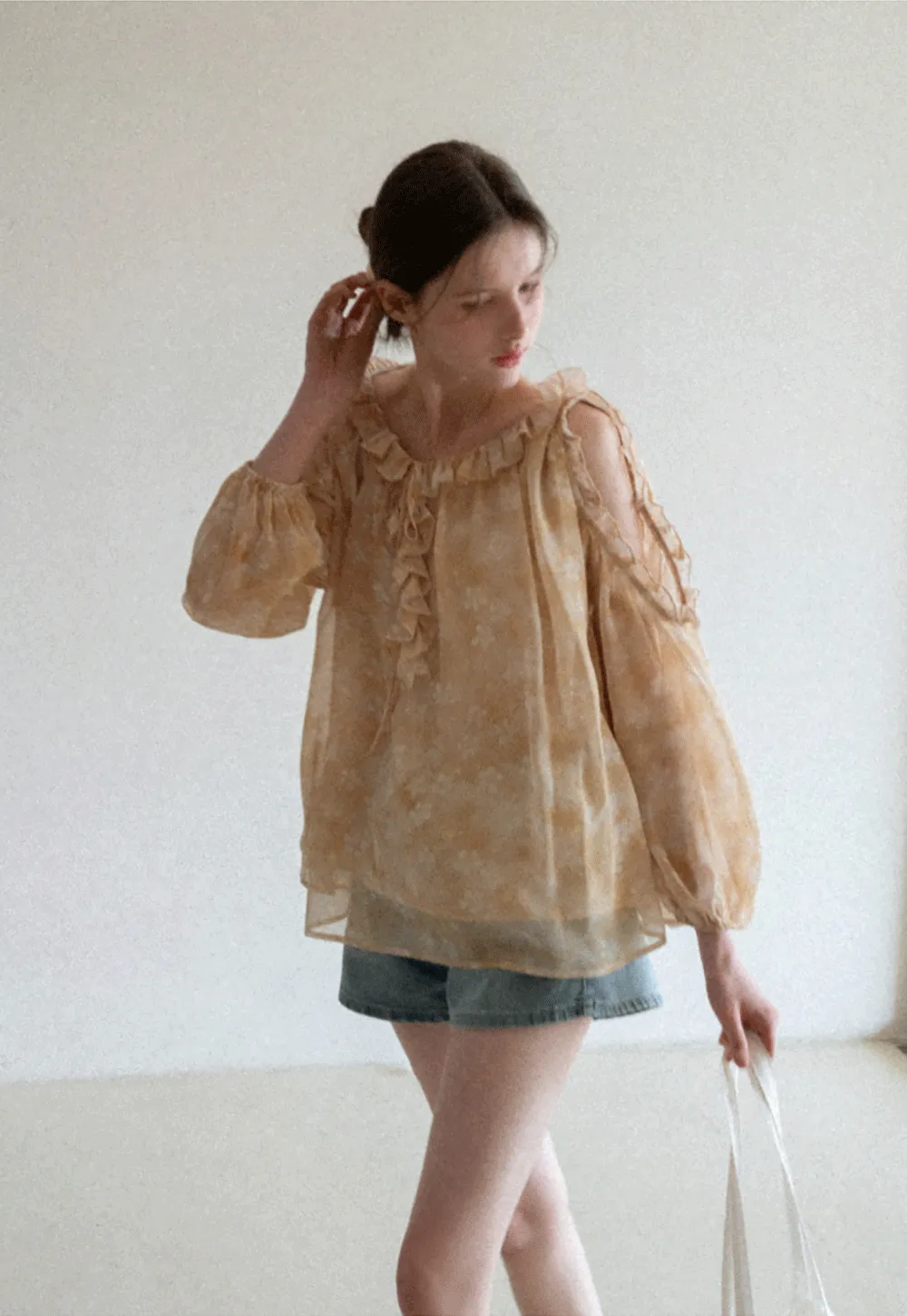 Lace Chiffon Blouse with Ruffled Neck and Sleeves