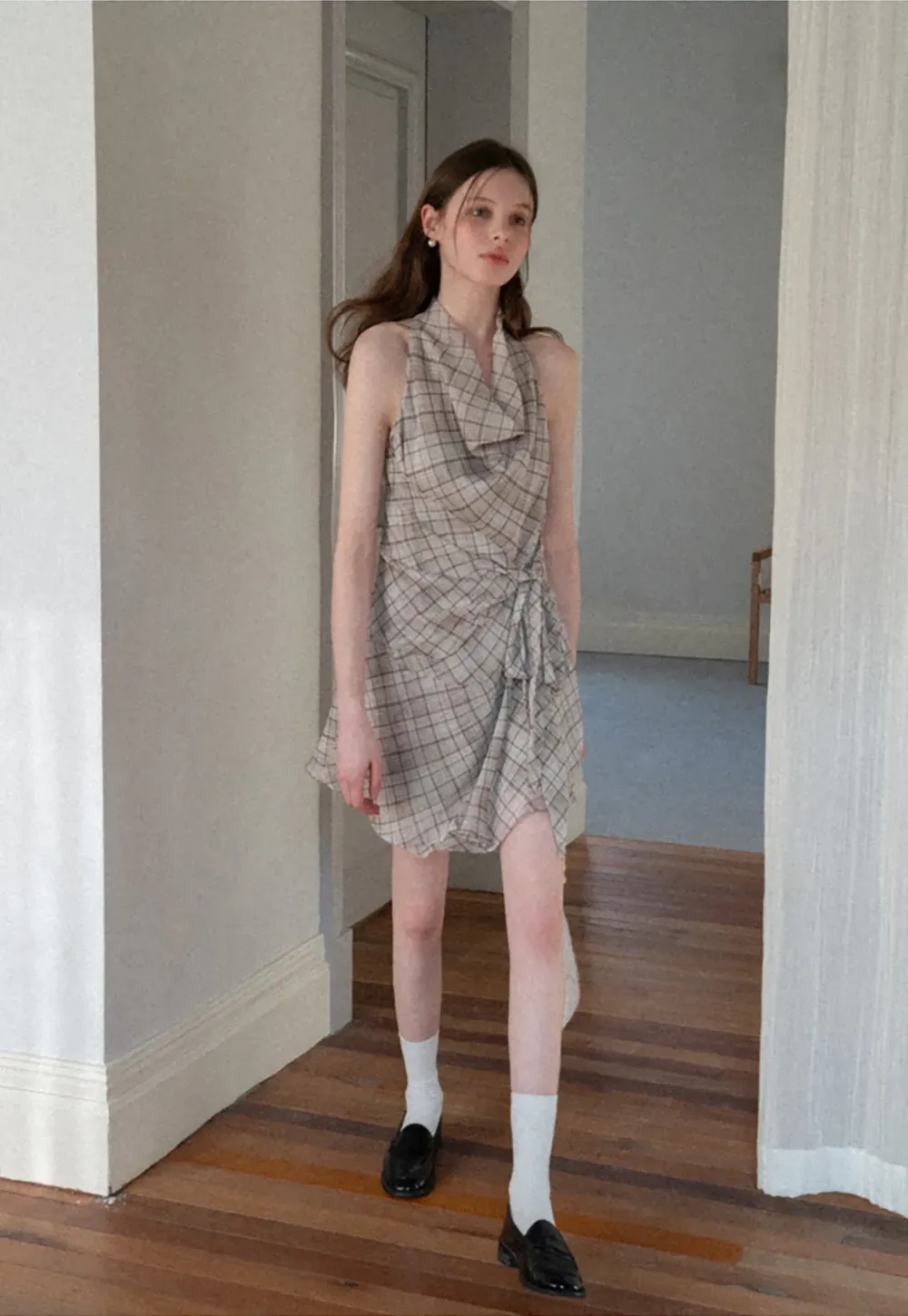 Plaid Halter Neck Wrap Dress with Side Tie