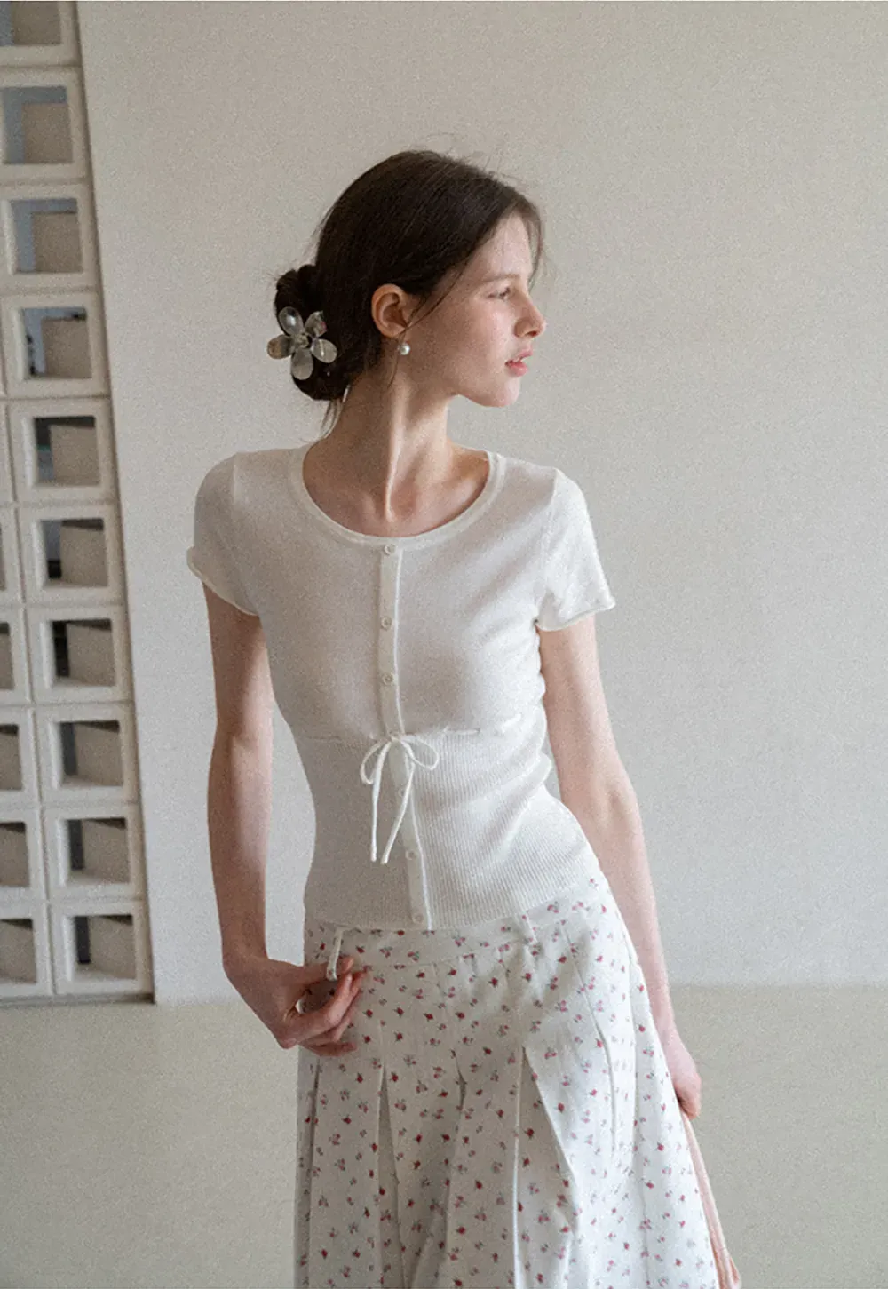 Short Sleeve Knit Cardigan with Front Buttons and Waist Tie