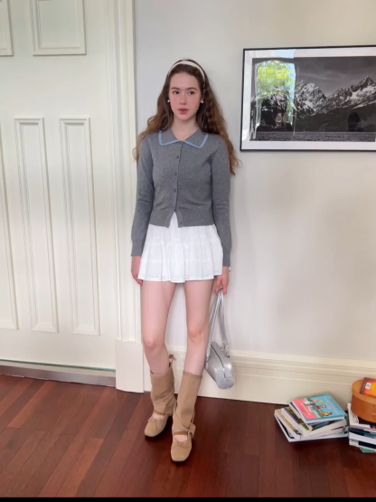 Contrast Trim Collar Cardigan Woolen Knit Sweater