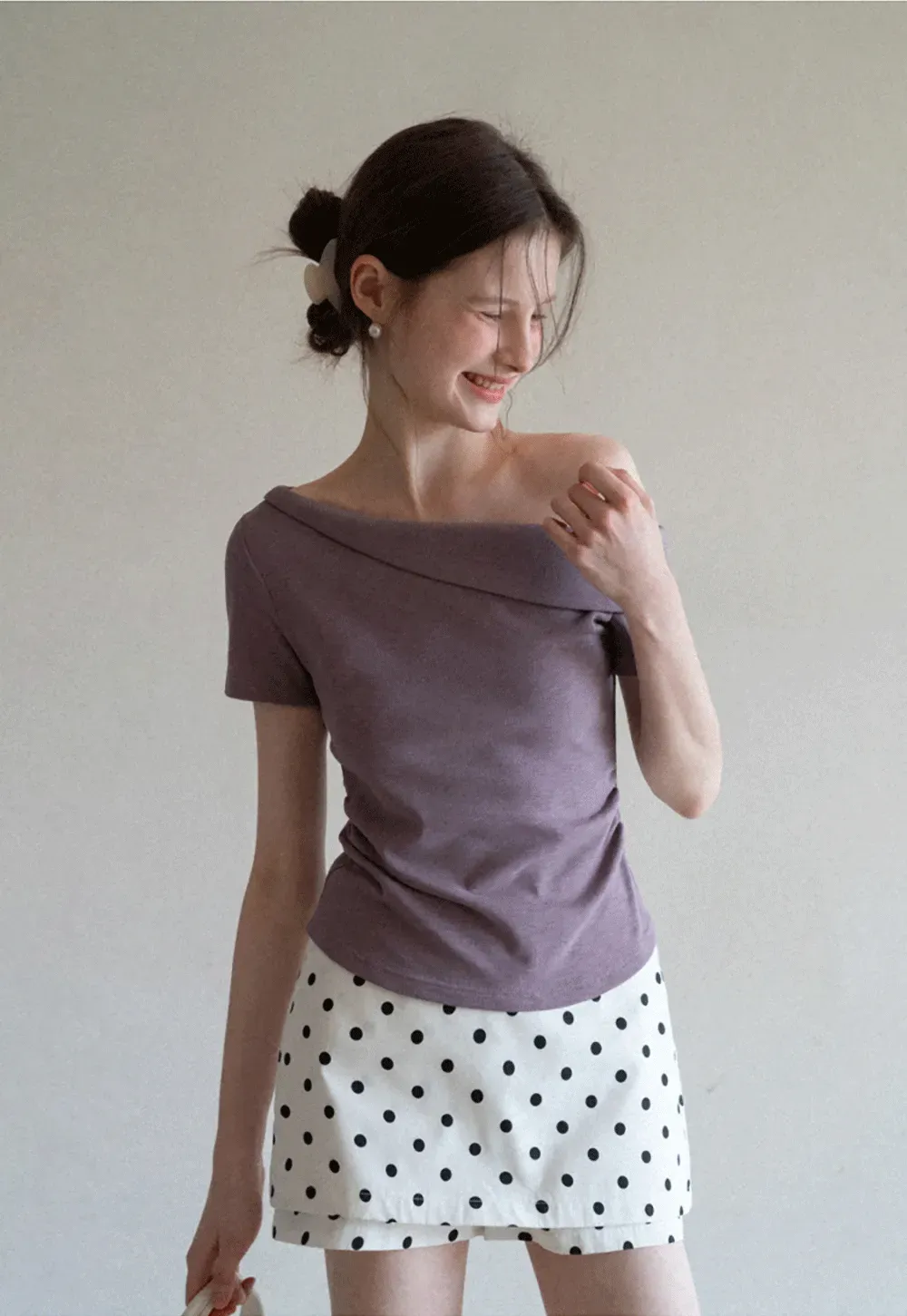 Polka dot off shoulder short sleeve tops