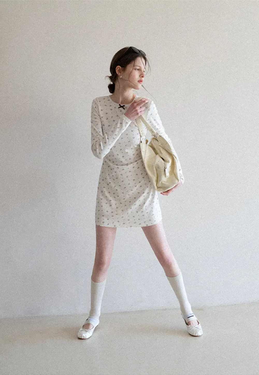 Long Sleeve Floral Print Dress with Cross Neck Detail