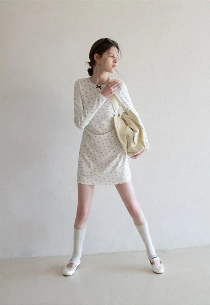 Long Sleeve Floral Print Dress with Cross Neck Detail