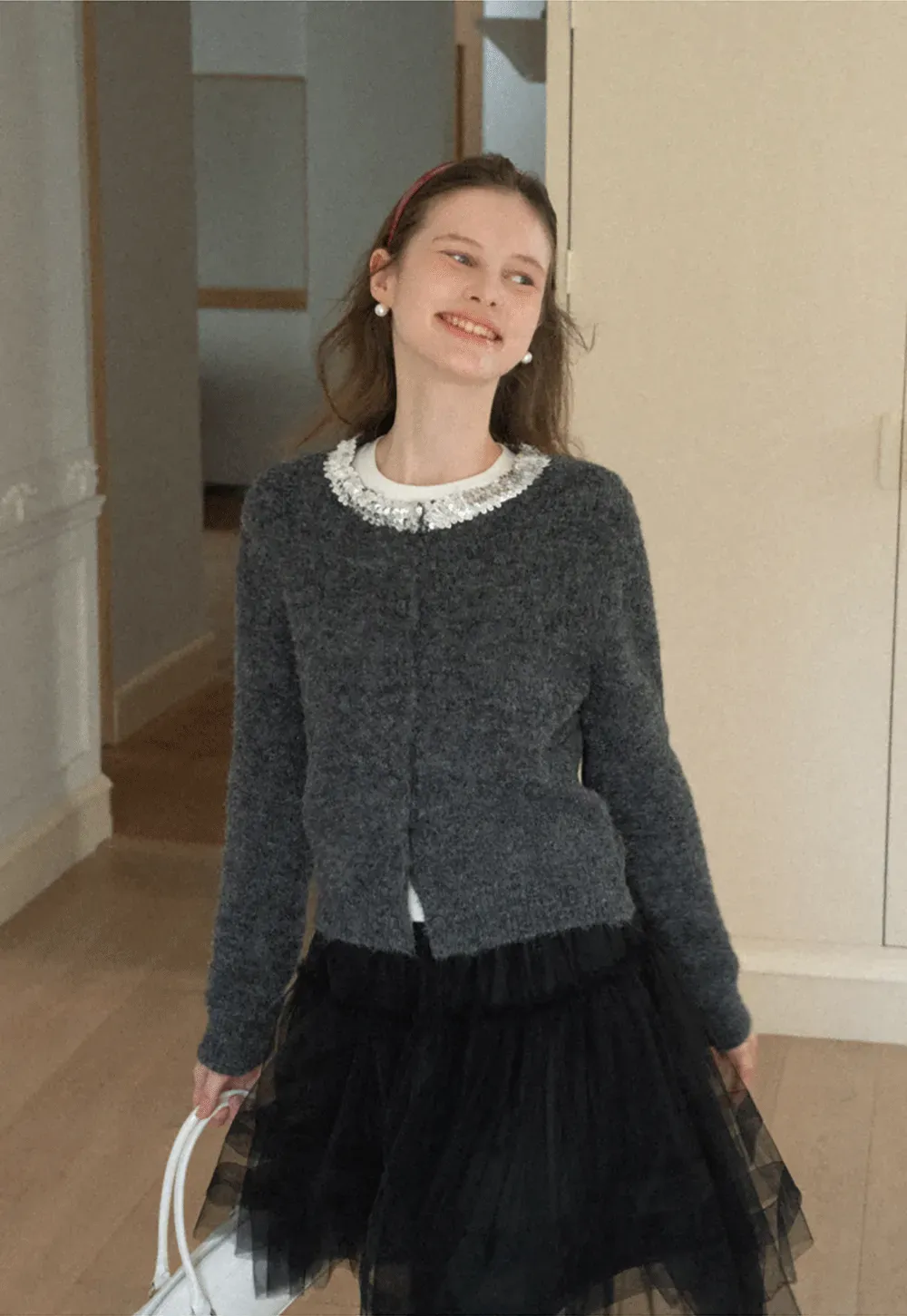 Elegant Woolen Knit Sweater with Embellished Neckline and Long Sleeves