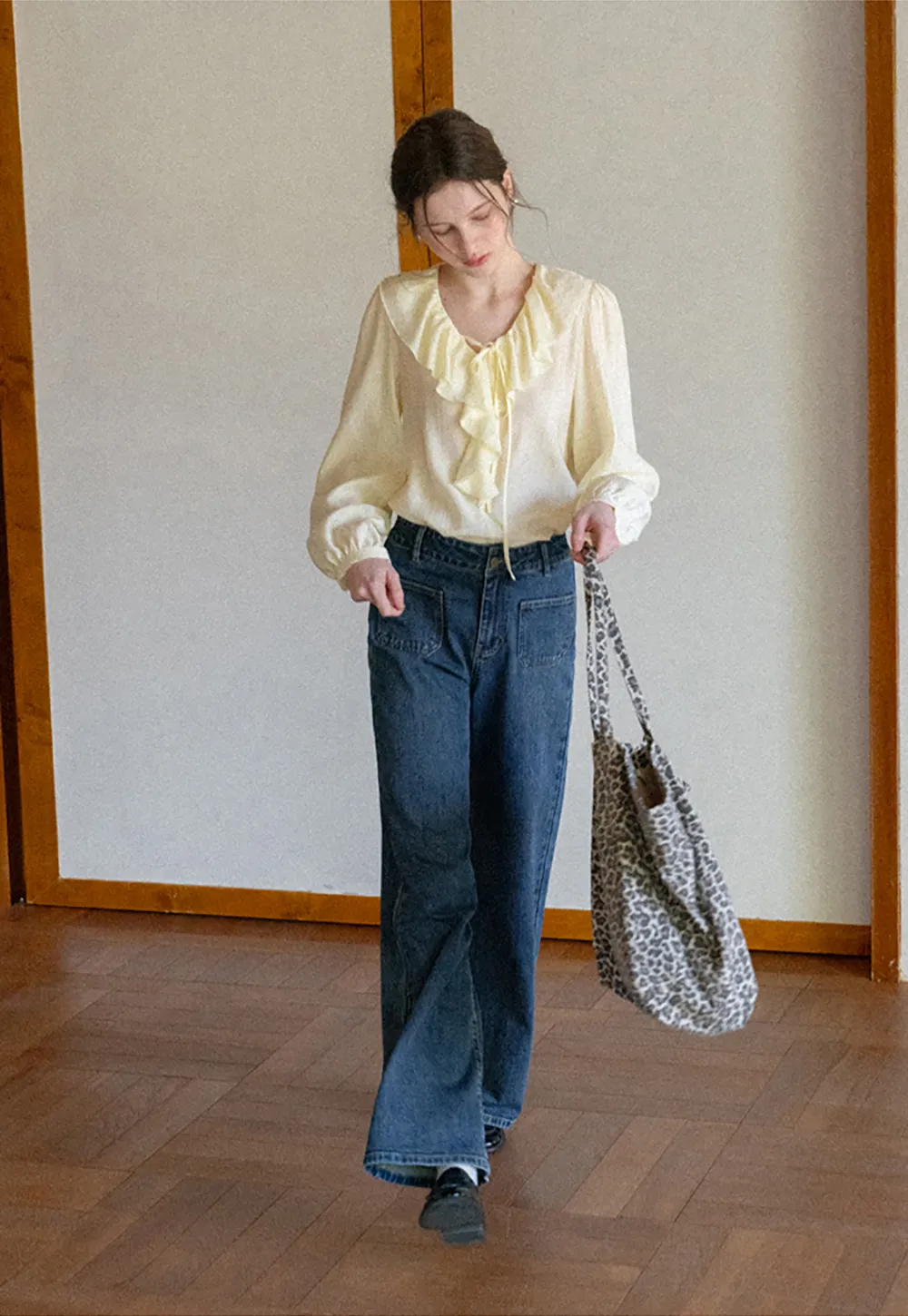 Ruffled Collar Long Sleeve Blouse with Tie Front