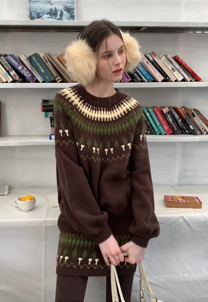 Woolen Knit Sweater and Skirt Set with Pattern Design