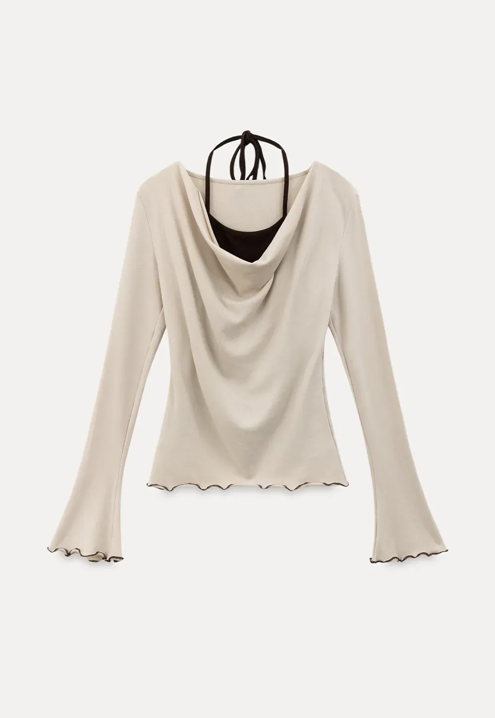 Beige Long-Sleeve Top with Ruffled Hem and Bow Tie Back