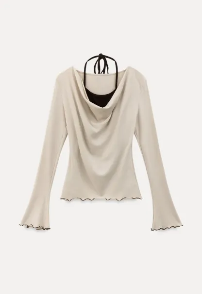 Beige Long-Sleeve Top with Ruffled Hem and Bow Tie Back