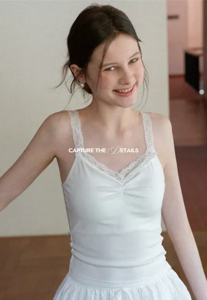 Lace Trimmed V Neck Camisole with Ruched Detail
