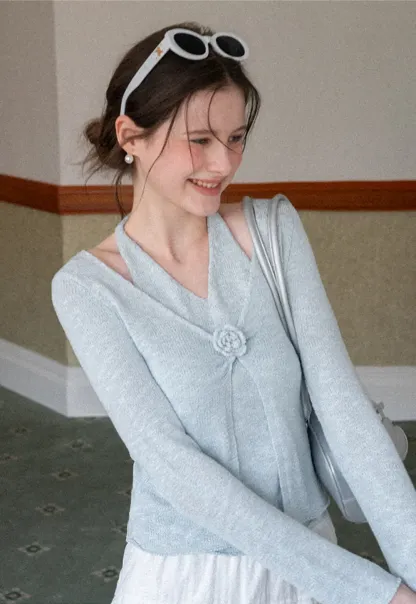 V Neck Knit Sweater with Floral Button Detail