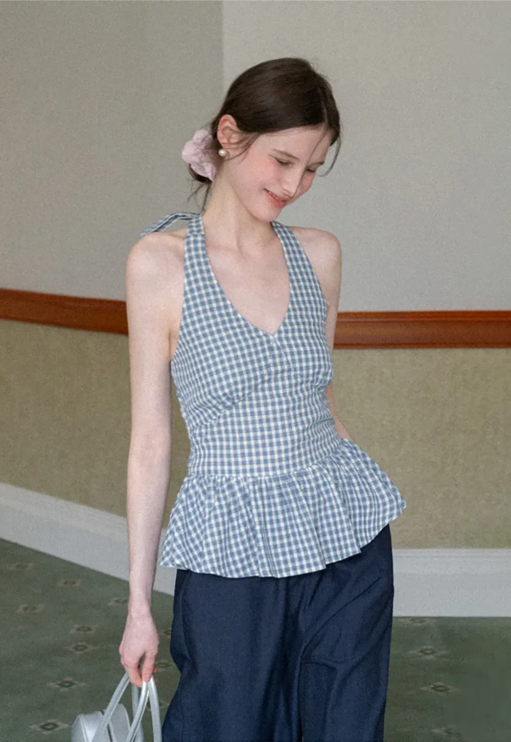 Gingham Halter Neck Peplum Top