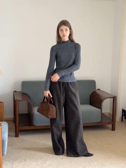 Women Leopard Print Wide-Leg Pants with Drawstring Waist