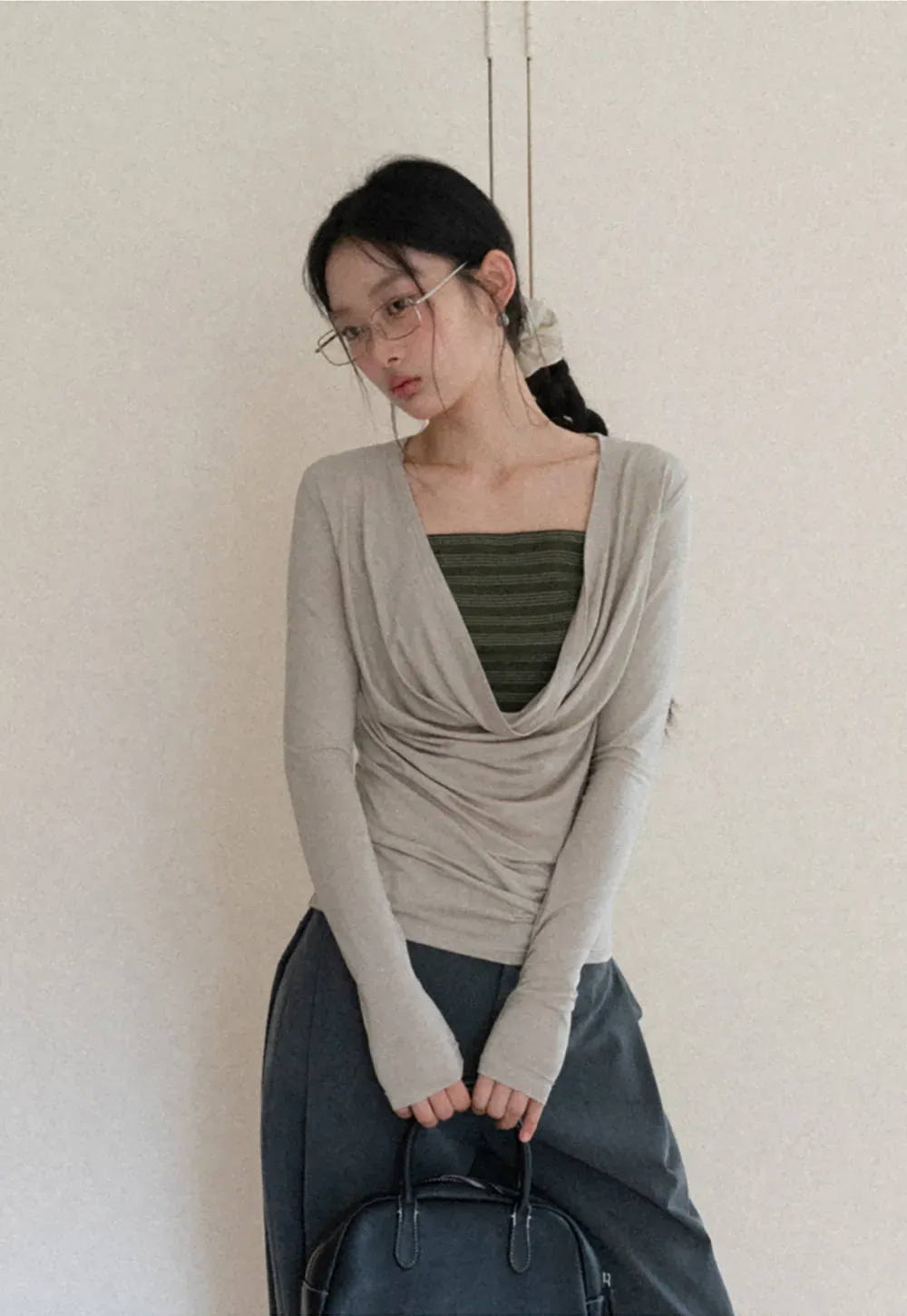 Long sleeve draped neckline top with square cutout