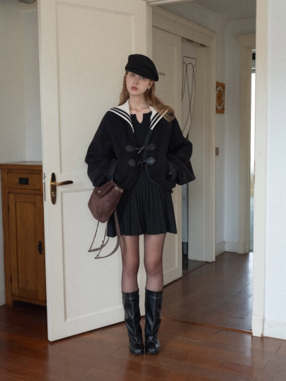 Stylish Black Woolen Coat with Sailor Collar