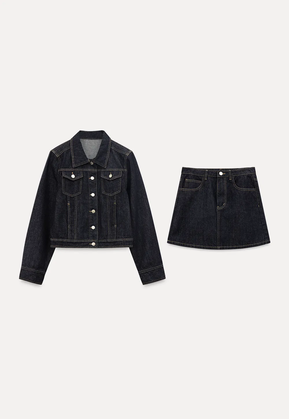 A-line denim skirt with front pocket design and adjustable waistband.