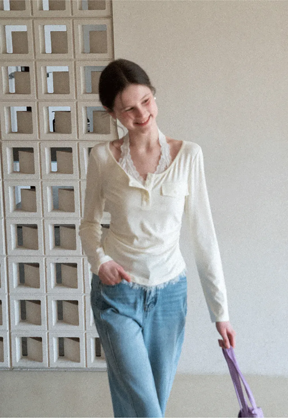 Long sleeve Henley top with lace trim