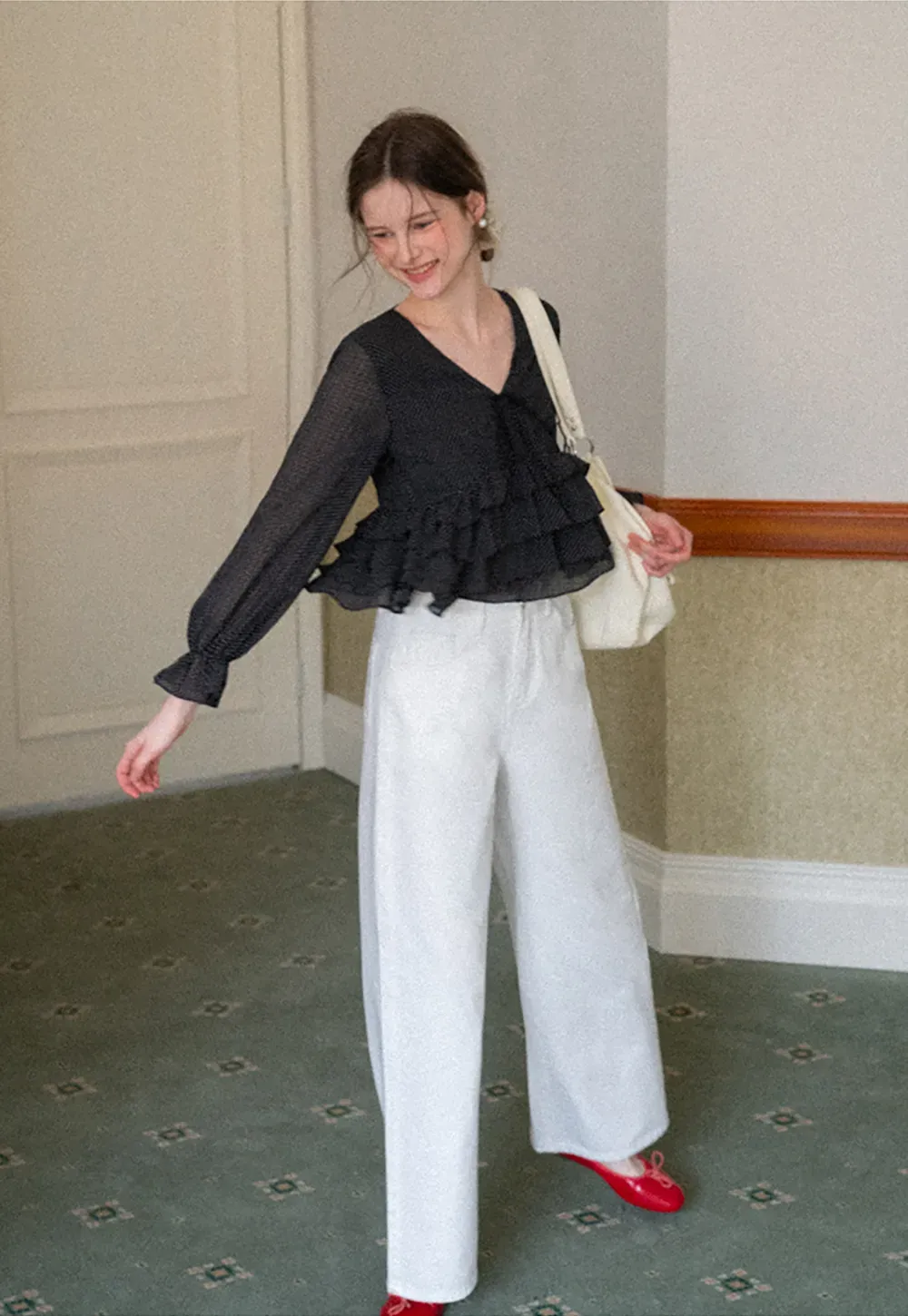 Polka Dot Sheer Blouse with Ruffled Hem and Tie Neck