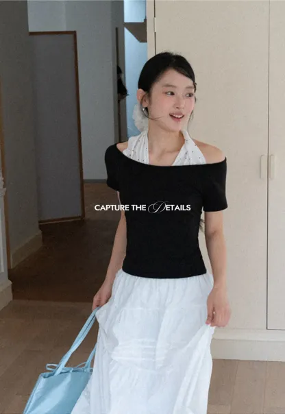 Off shoulder short sleeve top with halter neck detail