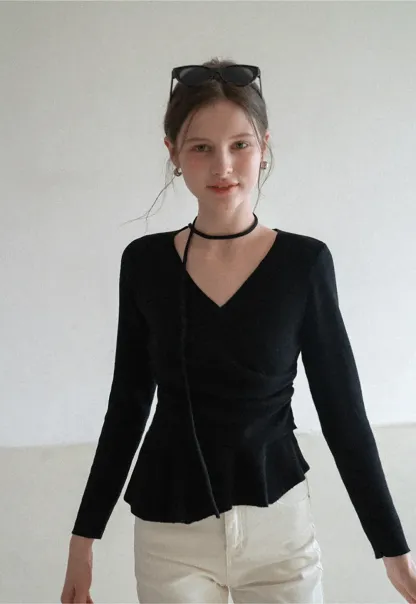 Long sleeve wrap knit sweater with ruched detail