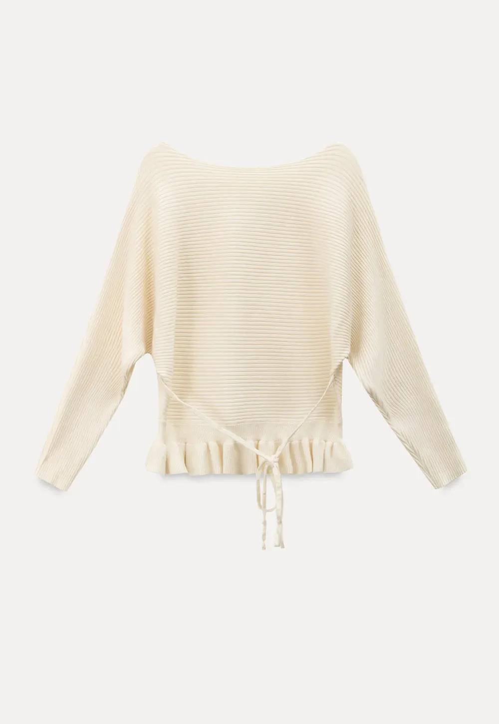 Ribbed knit sweater with tie back and flared hem design